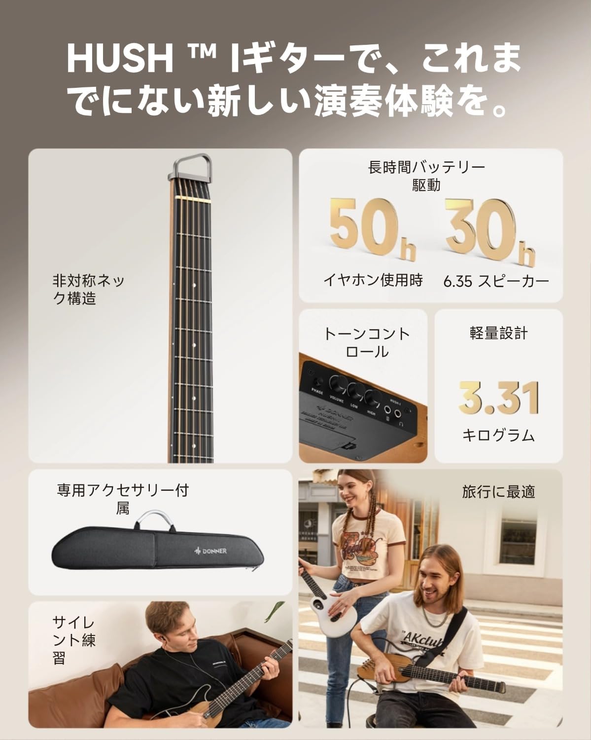 Amazon | Donner トラベルギター ヘッドレスギター イヤホン付きセット